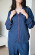 Women Summer Pajama Set Dark Blue buttoned shirt + Pants
